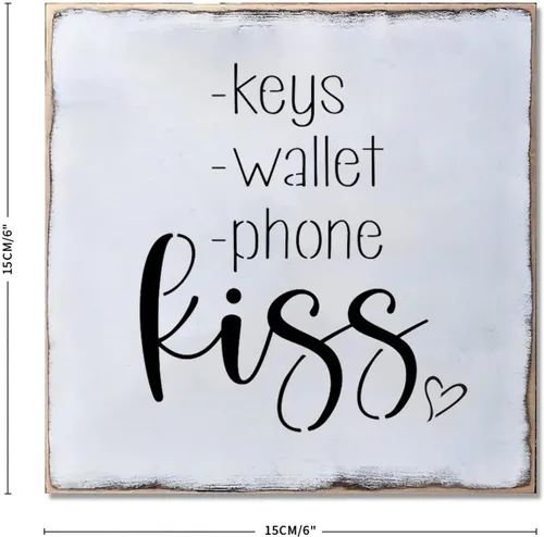 Vista 2 de Letrero de madera de aspecto envejecido con citas y llaves, cartera, teléfono y beso, rústico, letrero de madera decorativo para el hogar, placa