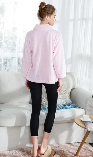Vista 5 de Chaqueta de cama con cuello de chal de forro polar coral con aguja azul para mujer