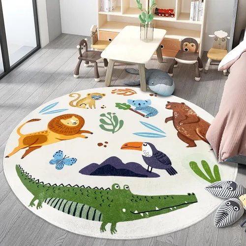 Vista 10 de Alfombra de juego para niños, alfombra circular de animales de 4 pies, alfombra redonda de zoológico para dormitorio, para niños y niñas, decoración