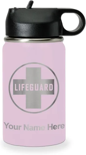 Vista 19 de LaserGram Botella de agua personalizada, salvavidas, acero inoxidable de doble pared aislada al vacío con popote superior, regalo grabado Negro