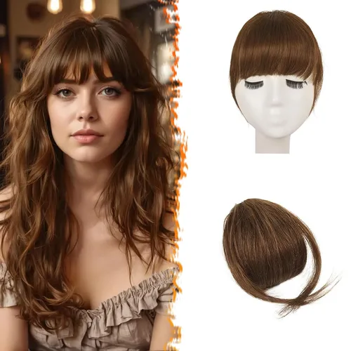 Vista 16 de BARSDAR Flequillo postizo de pelo humano real - Flequillo postizo 100% pelo humano para mujeres - Extensiones de flequillo ondulado castaño rojizo