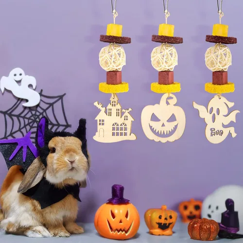 Vista 2 de Abizoo Juguetes masticables de conejillo de indias de Halloween, 3 piezas de juguetes de conejo, conejito de hámster, golosinas de madera para ratas