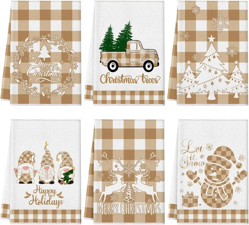 Vista 20 de Sratte 6 piezas de toallas de cocina navideñas, toallas de mano de muñecos de nieve de invierno, toallas absorbentes de árbol de Navidad y renos