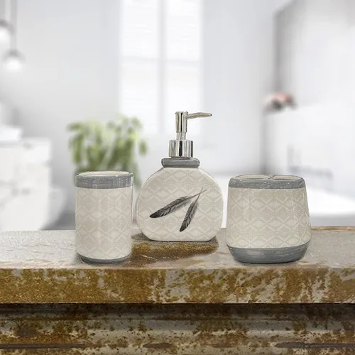 Vista 2 de Paseo Road by HiEnd Accents - Juego de accesorios de baño de cerámica con diseño de plumas de 3 piezas con dispensador de loción de jabón, vaso