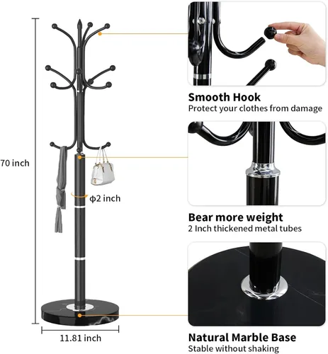 Vista 2 de Snaikor Perchero de metal independiente, soporte de perchero resistente con base de mármol natural, árbol de abrigos modernos en negro para colgar