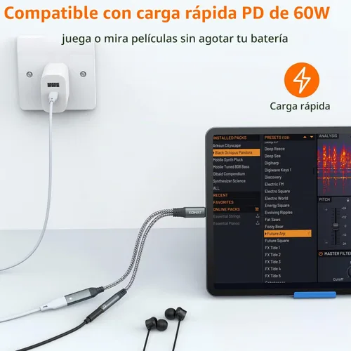 Vista 2 de Adaptador USB C a 3.5mm para Auriculares y Cargador, Dongle de Cable USB Tipo C a Jack Auxiliar 2 en 1 con Carga Rápida PD de 60W para iPhone 15 16