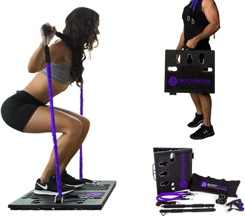 Vista 6 de BodyBoss 2.0 – Paquete de entrenamiento portátil completo para gimnasio en casa + bandas de resistencia – Barra de resistencia plegable, asas