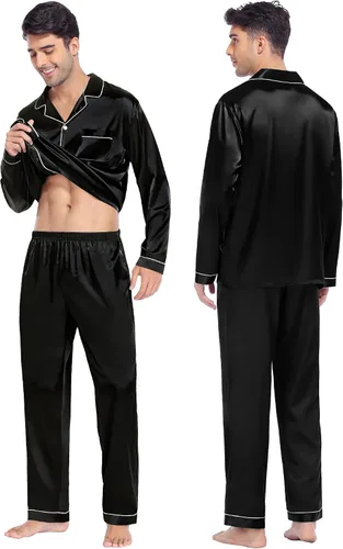 Vista 3 de SWOMOG Conjunto de pijama familiar a juego de satén de seda con botones, ropa de dormir de manga larga, conjunto de 2 piezas