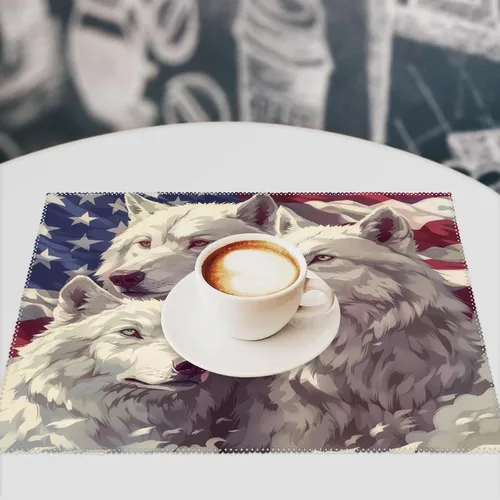 Vista 7 de White Wolf American Flag Placemats Set of 6 Resistant Table Mats Washable Place Mats for Dinner Party Table Decoration