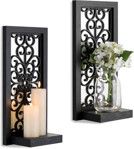 Vista 11 de Juego de 2 candelabros de pared con diseño de desplazamiento Portavelas de pared envejecida de madera tallada, sostiene velas de pilar o jarrones