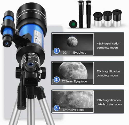 Vista 4 de ESAKO - Telescopio para niños y principiantes, telescopios portátiles con apertura de 70 mm y 3 oculares, trípode de altura ajustable y adaptador