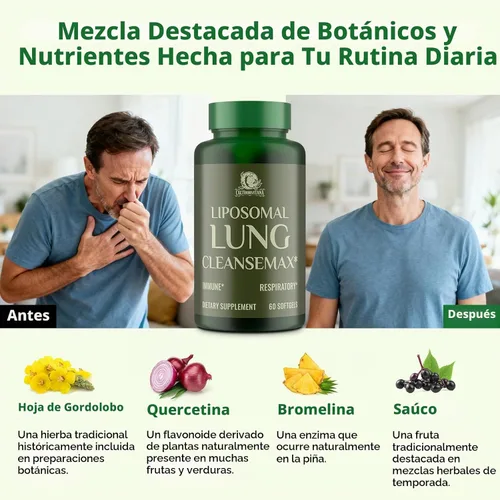 Vista 5 de Suplemento Liposomal Lung Cleansemax con Extracto de Hoja de Gordolobo, Extracto de Fruta de Saúco, Quercetina + 13 Hierbas y Vitaminas, Absorción