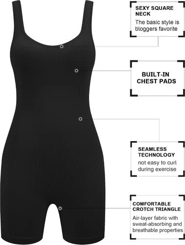 Vista 3 de Loovoo Mono acanalado sin costuras para mujer, con tirantes delgados, cuello cuadrado, brasier acolchado, pantalones cortos de una pieza