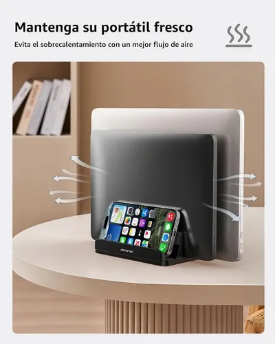 Vista 7 de Soporte vertical para portátil AboveTEK, soporte de escritorio de aluminio con 3 ranuras y base ajustable para tableta, MacBook, teléfono - Ajuste