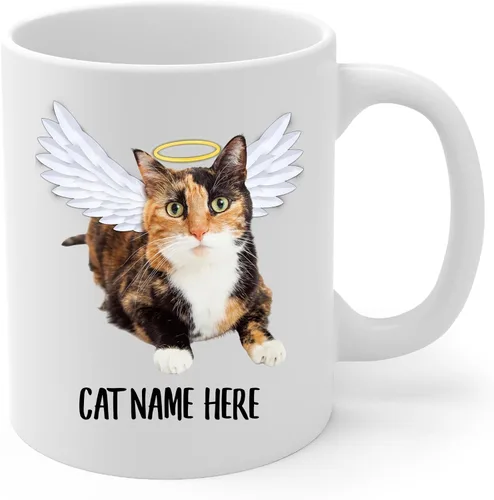 Vista 2 de Taza de café conmemorativa personalizada con alas de ángel, calicó y carey, regalo de condolencias para los amantes de los gatos, taza blanca de 11
