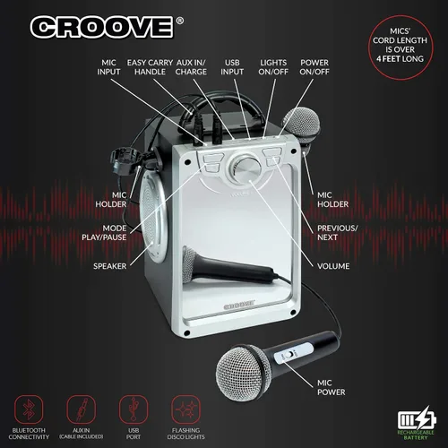 Vista 3 de Croove Máquina de karaoke recargable para niños, incluye 2 micrófonos con luces de disco intermitentes, Bluetooth, puertos AUX y USB, máquina