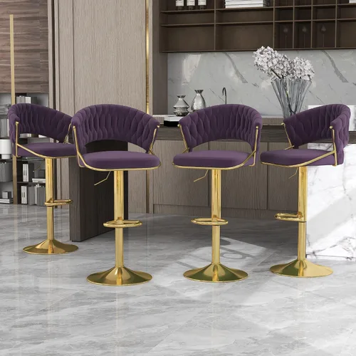Vista 28 de Juego de 2 taburetes de bar giratorios de 360° con respaldo alto, silla de bar de terciopelo ajustable moderna de altura de mostrador, taburete