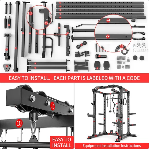 Vista 8 de Power Cage - Rack de Potencia Multifunción con Sistema de Cruce de Cables, Rack para Sentadillas de Capacidad de 1800 LBS con Banco de Pesas