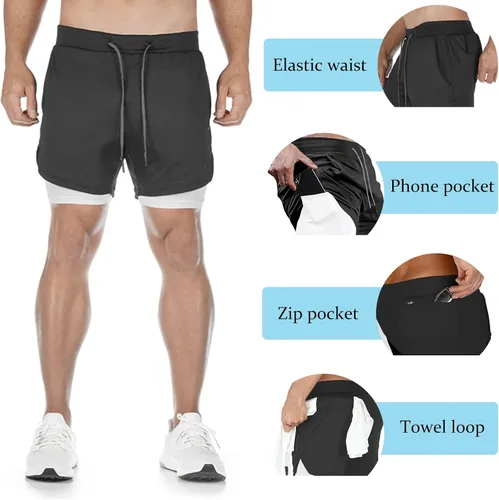 Vista 2 de DIOTSR Mens 2 in 1 Running Workout Shorts Lightweight Athletic Gym Shorts with Pockets