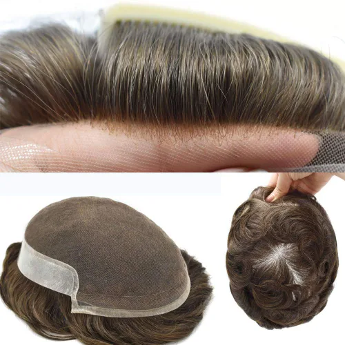 Vista 60 de Tupé de encaje suizo para hombres, piezas de cabello humano real, encaje frontal, sistema de reemplazo de cabello tipo tupé, nudo blanqueado, línea