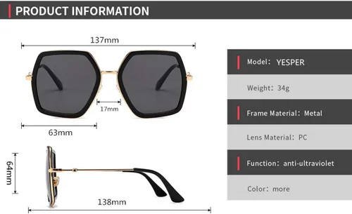Vista 5 de IKANOO - Lentes de sol cuadrados y amplios para mujer, estilo de marca inspirado en hexágonos