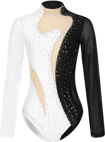 Vista 68 de iiniim Leotardo de malla para mujer, con diamantes de imitación, de malla, de manga larga, leotardos de gimnasia