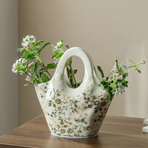 Vista 13 de Jarrón de cerámica verde y blanco con asa, florero rústico para decoración de hogar estilo “chinoiserie”, “grandmillenial” y toscano, jarrón