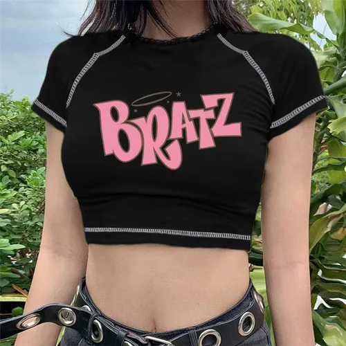 Vista 4 de Camiseta corta de manga corta con cuello redondo y estampado de letras para mujer