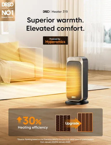 Vista 2 de DREO Calentadores de espacio para uso en interiores, calentador eléctrico portátil de 1500 W con control remoto y termostato, cerámica PTC, calor