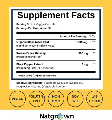 Vista 4 de Natgrown Cápsulas de Polvo de Raíz de Maca Negra + Panax Ginseng de 1500 mg con Raíz de Maca Negra Peruana y Suplemento de Panax Ginseng Coreano