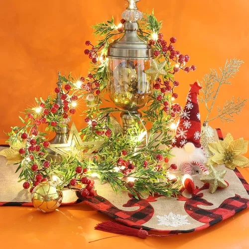 Vista 4 de Guirnalda de Navidad con luces que funciona con pilas, guirnalda de Navidad iluminada con 20 luces LED de bayas rojas de 5.6 pies, decoraciones