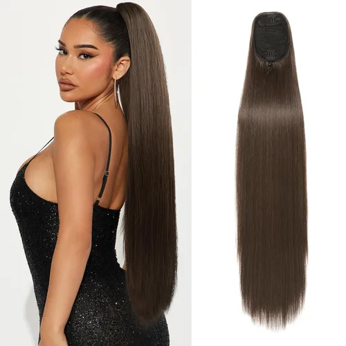 Vista 28 de SEIKEA Extensiones de cola de caballo con cordón, larga y recta, cola de caballo falsa, natural, suave, extensiones de cabello sintético resistente