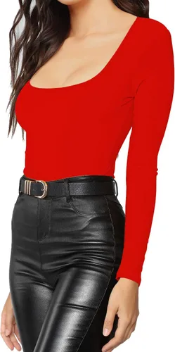Vista 78 de MANGDIUP Body esencial para mujer, cuello redondo, manga larga, ajustado, elástico, de algodón y elastano