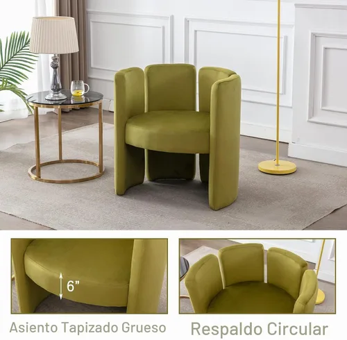 Vista 4 de Silla de acento de terciopelo, silla única acolchada en forma de barril con respaldo circular, diseño moderno, lindas sillas decorativas laterales