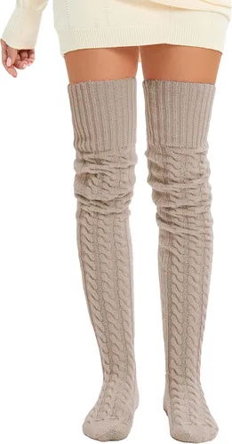 Vista 2 de SherryDC Calcetines hasta el muslo de punto trenzado para mujer, calentadores de piernas, extra largos por encima de la rodilla, medias altas