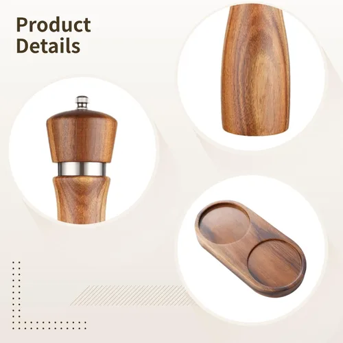 Vista 3 de Molinillo de pimienta de madera de acacia de 8 pulgadas con anillo de acero, juego de molinillo de sal y pimienta con cuchara y base, regalo