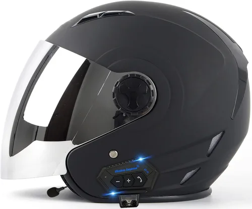Vista 18 de Casco Bluetooth para motocicleta 3/4, casco retro abierto con visera solar, casco de moto Jet para hombres y mujeres adultos, casco aprobado por DOT