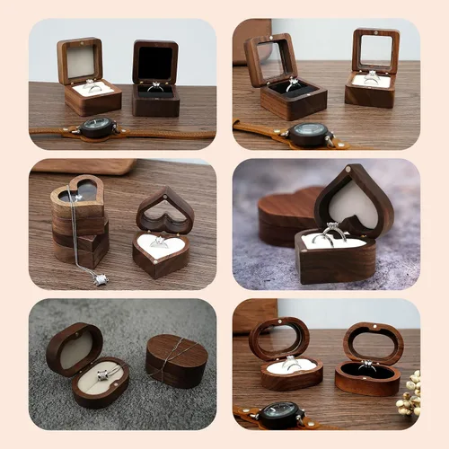 Vista 3 de LAIFU Caja de anillo de madera personalizada para ceremonia de boda con texto y patrón personalizado Propuestacajas de anillo de compromiso