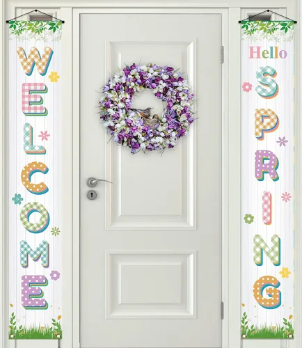 Vista 2 de Letrero colgante con texto en inglés «Hello Welcome Spring Happy Easter» para porche, puerta delantera, decoración interior y exterior