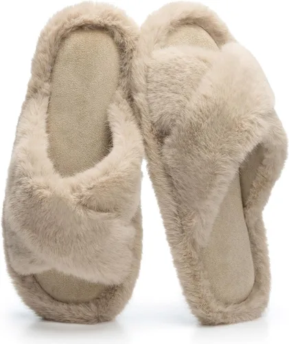 Vista 15 de Pantuflas mullidas para mujer, con banda cruzada, zapatos de casa para mujer, espuma viscoelástica, puntera abierta, silenciosas