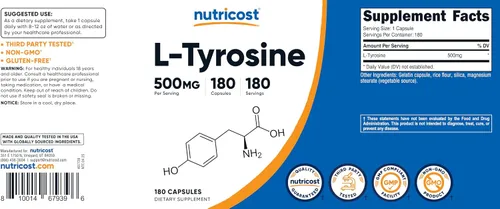 Vista 8 de Nutricost L-Tirosina 500 mg, 180 cápsulas - Sin gluten y sin OMG