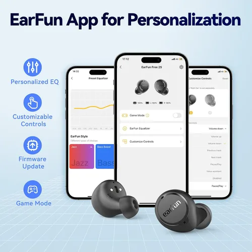Vista 4 de EarFun Free 2S - Auriculares inalámbricos, [Versión mejorada] auriculares Bluetooth con graves profundos, 4 micrófonos para llamadas claras