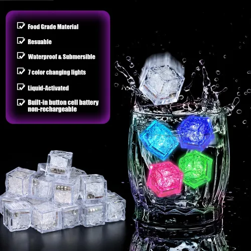 Vista 4 de Paquete de 160 cubos de hielo iluminados para bebidas, cubos de hielo LED con luces que cambian de color, activadas por agua, grado alimenticio
