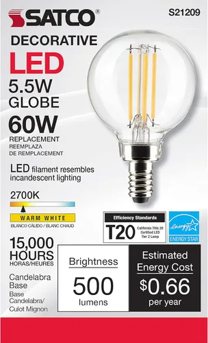 Vista 4 de Satco Bombilla LED de filamento antiguo estilo globo 20524-5.5G16.5/LED/CL/927/120V/E12 S21209