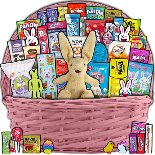 Vista 9 de Cesta de Pascua azul para niños y adultos (40 artículos) – Cesta de regalo llena de caramelos, bocadillos, golosinas y conejo de Pascua de peluche