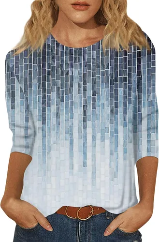 Vista 12 de Camisetas personalizadas para mujer, a la moda, casual, de séptima manga, estampada, cuello redondo, camiseta