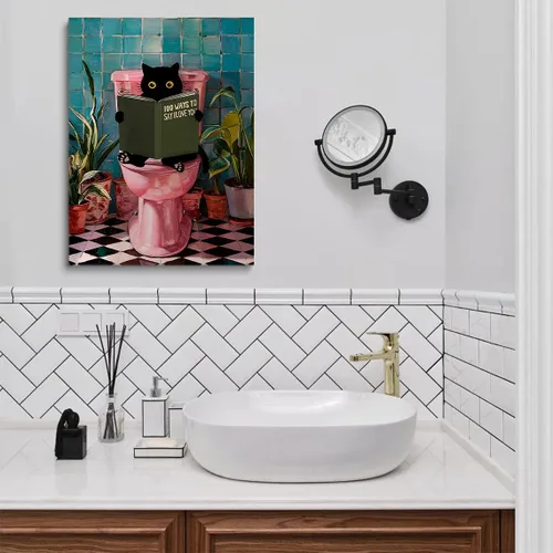 Vista 4 de Divertido arte de pared de gato negro para baño, periódico de lectura de gatos sobre inodoro, póster de mascota humorística rosa para decoración