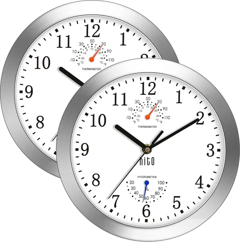 Vista 26 de HITO Reloj de pared silencioso de 10 pulgadas, funciona con pilas, sin tictac, cubierta de vidrio, marco de aluminio plateado, para decoración