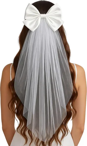 Vista 12 de Funky Junque Velo de novia con lazo, velo blanco para despedida de soltera para boda, despedida de soltera y regalos de compromiso Arco de satén
