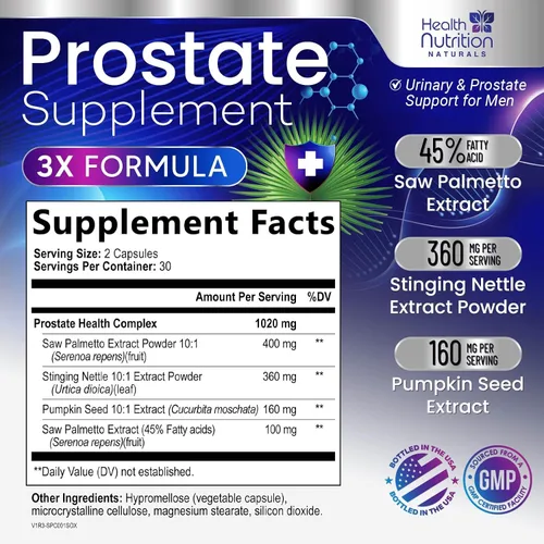 Vista 2 de Suplementos para la salud de la próstata para hombres – 3 veces más fuerza con mezcla de palma enana americana – Complejo de apoyo de raíz de ortiga